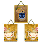 Artvibes Shrinath Ji & Cow Pichwai Art Decorative MDF Wooden Wall Art for Home Temple | Spiritual Decoration Items | Wall Art Print | Paintings For Wall | Unique Gift Items (WH_96180N), Set of 3