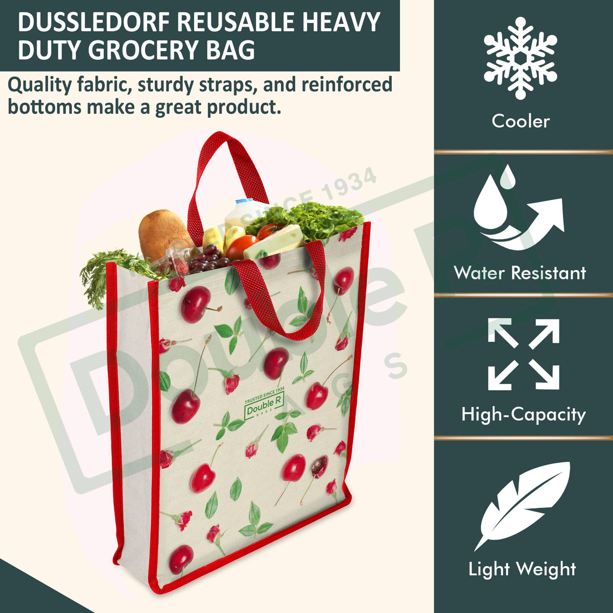 DOUBLE R BAGS Unisex Big Eco Cotton Canvas Shopping Bag for Grocery, Milk, Fruits & Vegetables | Reusable Jhola Tote with Reinforced Handles | Cherry Print, 34x9.5x39.5 cm, 1 Compartment (Pack of 2)