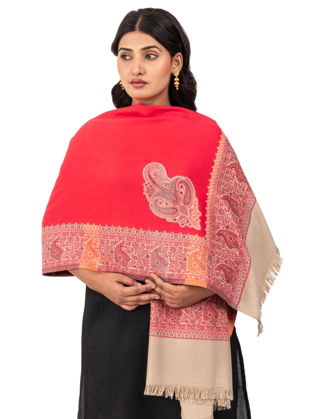 Naureen Women Faux Pashmina Kani Shawl with Contrast Palla, Warm and Soft, 40x80 inch