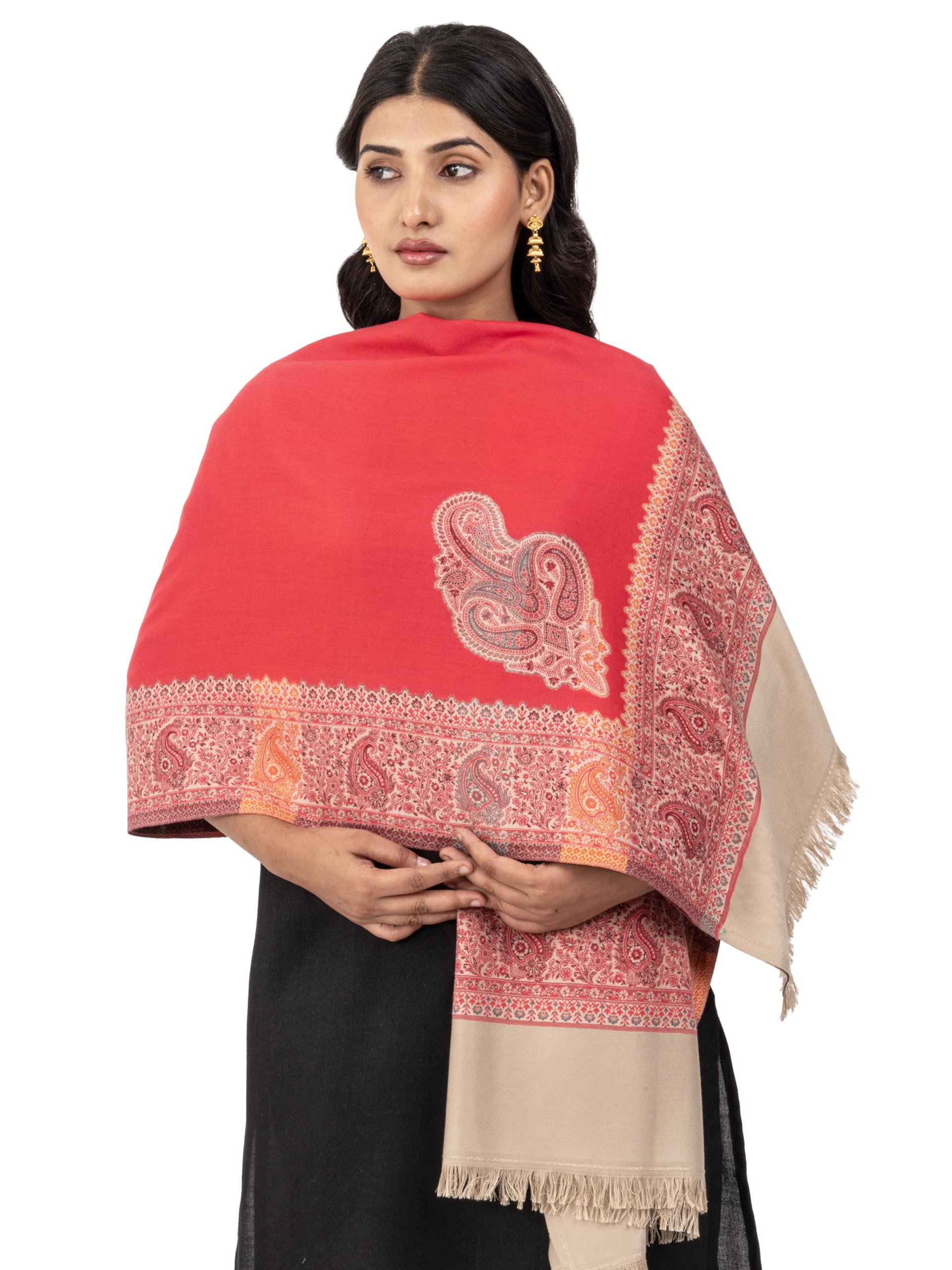 Naureen Women Faux Pashmina Kani Shawl with Contrast Palla, Warm and Soft, 40x80 inch