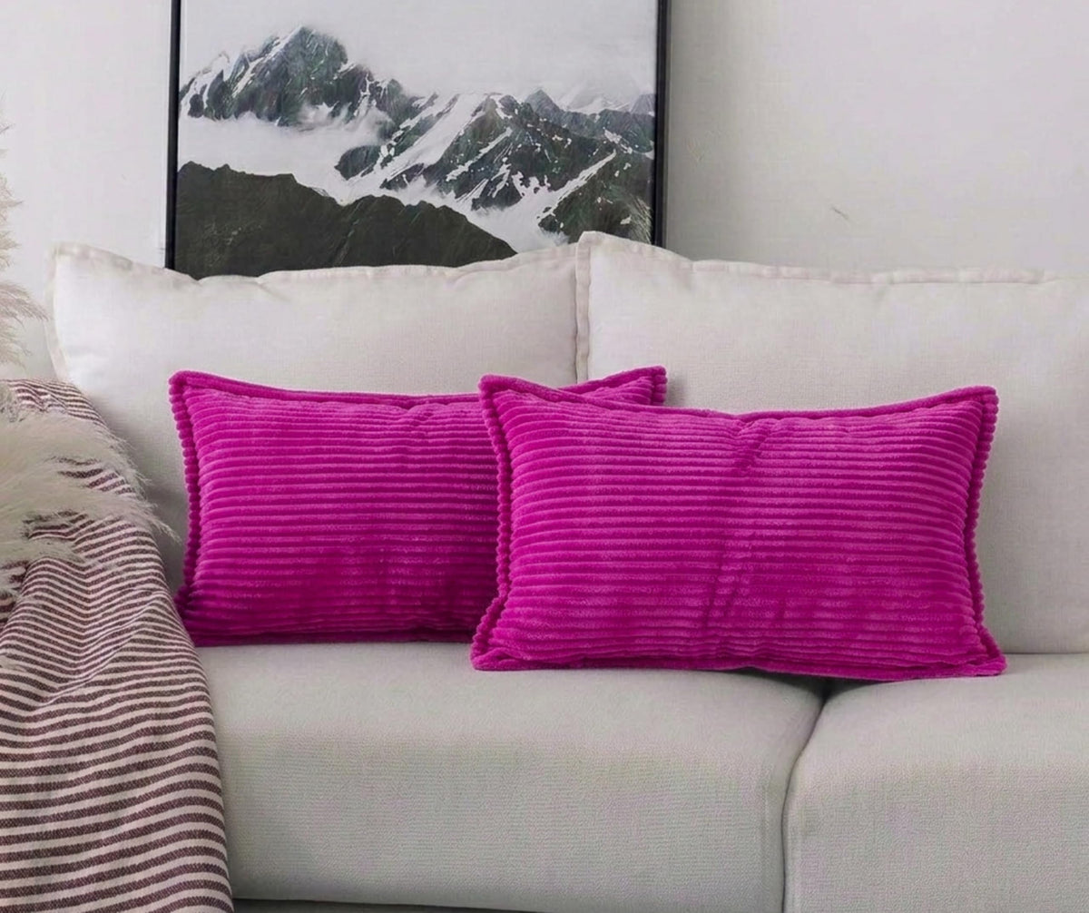 RD TREND® Corduroy Cushion Cover Set of 2, Striped Double Sided Decorative Throw Pillowcases for Sofa, Bed & Living Room Rectangular Long Cushion Covers 18x28 inches | Dark Pink