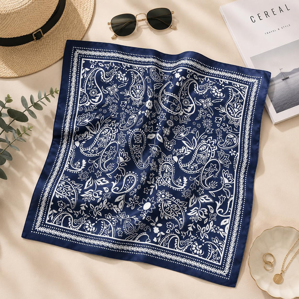 ESTA Satin silk-feel Head Scarf for Women Stylish Bandanas for Women Head Neck Stole Wrap Navy Paisley Print Square Bandana Gift (27.5x27.5inch)