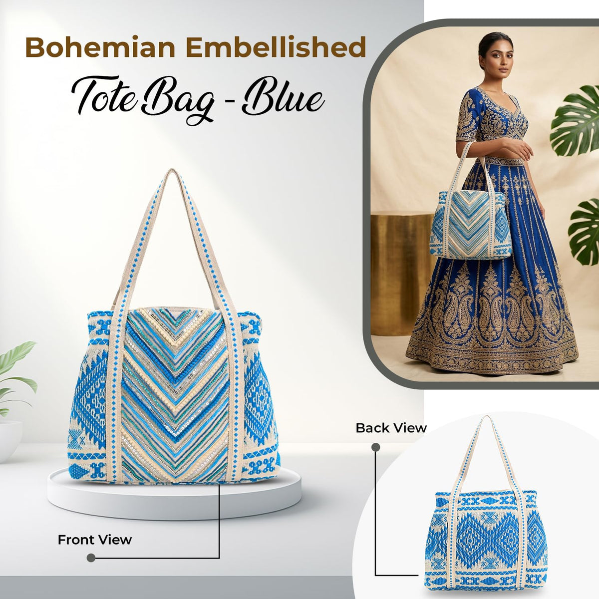 Boho Girl Tote | Blue Beaded Work Tote Bag for Girls | Stylish Bag for Office and Travel | Trendy Shoulder Bag for College or Office | Elegant Ladies Purse | Everyday Fashion Tote Bag