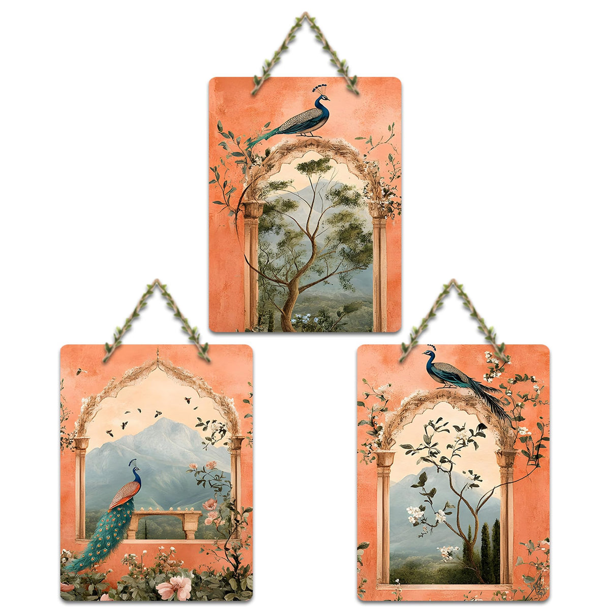 Artvibes Peacock for Bedroom Wall Decor Decorative Wall Hanging Ornaments | Wall Sculpture | Signs & Plaques | Handcrafted Art | Wall Art Print | Art For Wall | Unique Gift Items (WH_96104N), Set of 3