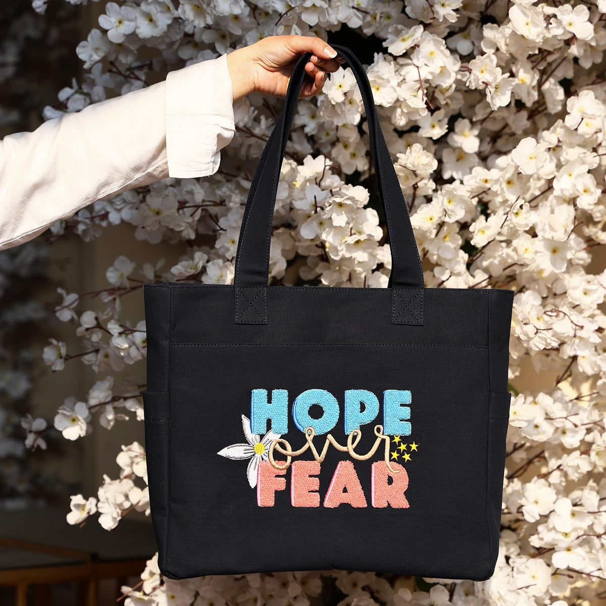 TSANTA U Shaped Canvas Tote Bag, 35.56x33.02 cm with 10.8 cm Gusset, Cotton, Zipper Closure, Laptop Compartment (Hope)