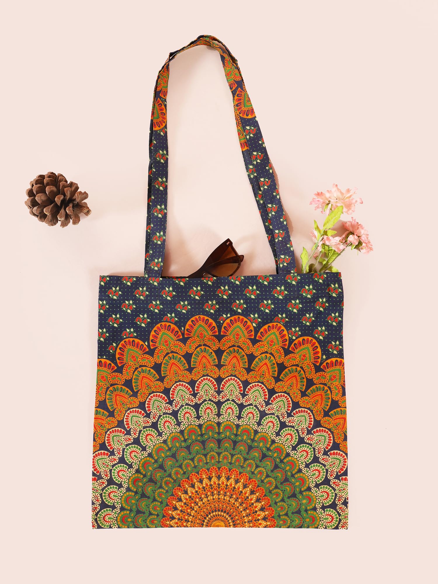 Ravaiyaa - Attitude is everything Cotton Shoulder Bag/Tote Bag For Women| Printed Multipurpose Handbag With Top Zip | Best For Shopping, Travel, Work, Beach, Office, College (Blue Peacock Mandala)