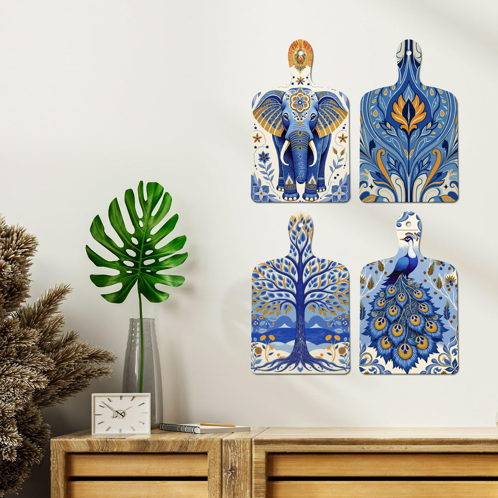 Artvibes Artistic Elephant & Peacock Traditional Modern Art Decorative Wall Art MDF Wooden Wall Hanger for Home | Home Decor | Wall Accent | Wall Art Print | Unique Gift Items (WH_5628N), Set of 4