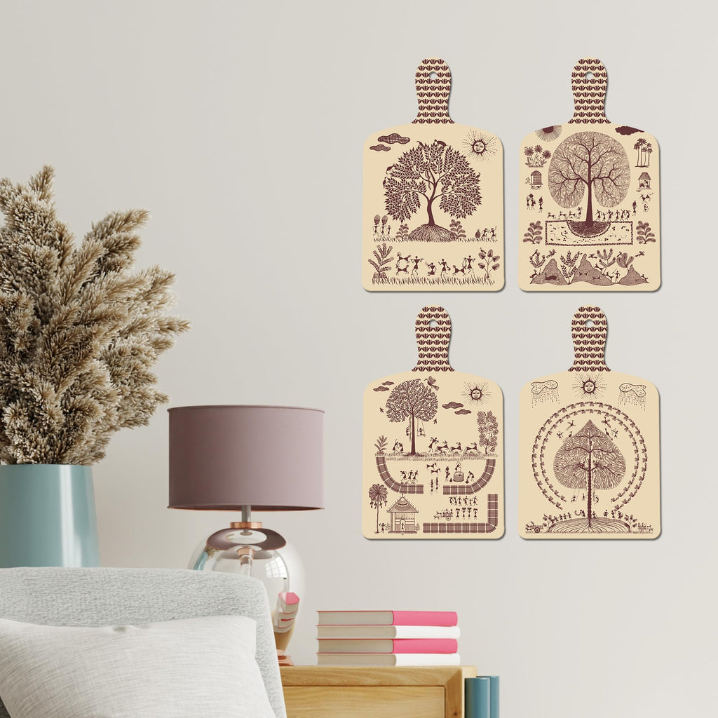 Artvibes Traditional Indian Village Scene Tribal Warli Art Decorative Wall Art MDF Wooden Wall Hanger for Home | Printed Wall Decoration | Wall Poster | Graphic Art | Unique Gift (WH_5627N), Set of 4