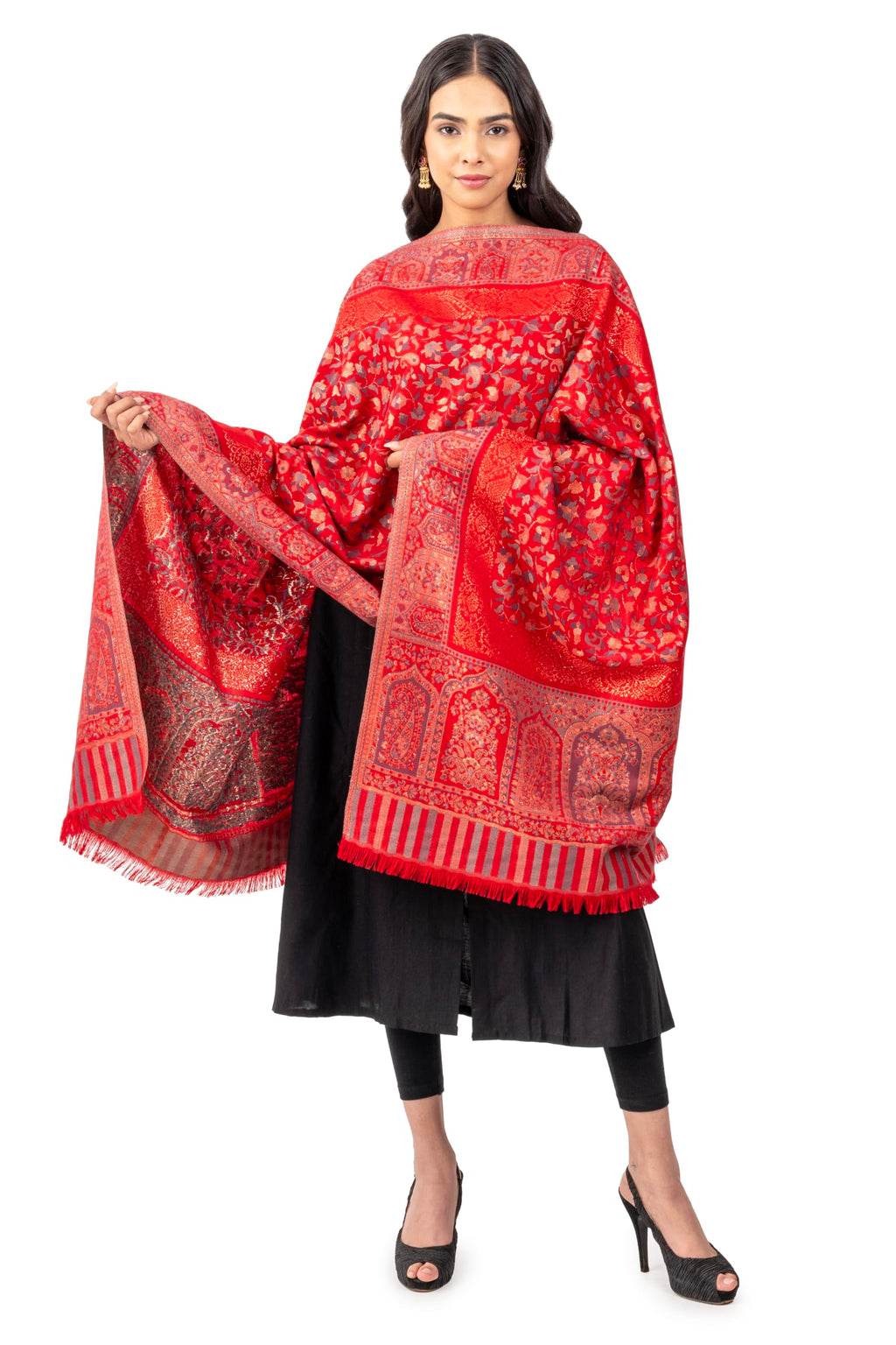 Naureen Women Faux Pashmina Kani Stole with Mughal Artwork and Zari Accents, Warm and Soft, 28x80 inch