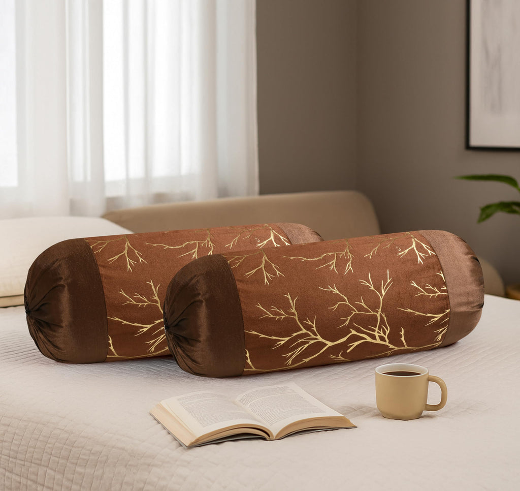 Stuffique Bolster Pillow Cover Set of 5, Round Cushion Cover - 16 x 32 inches, Brown