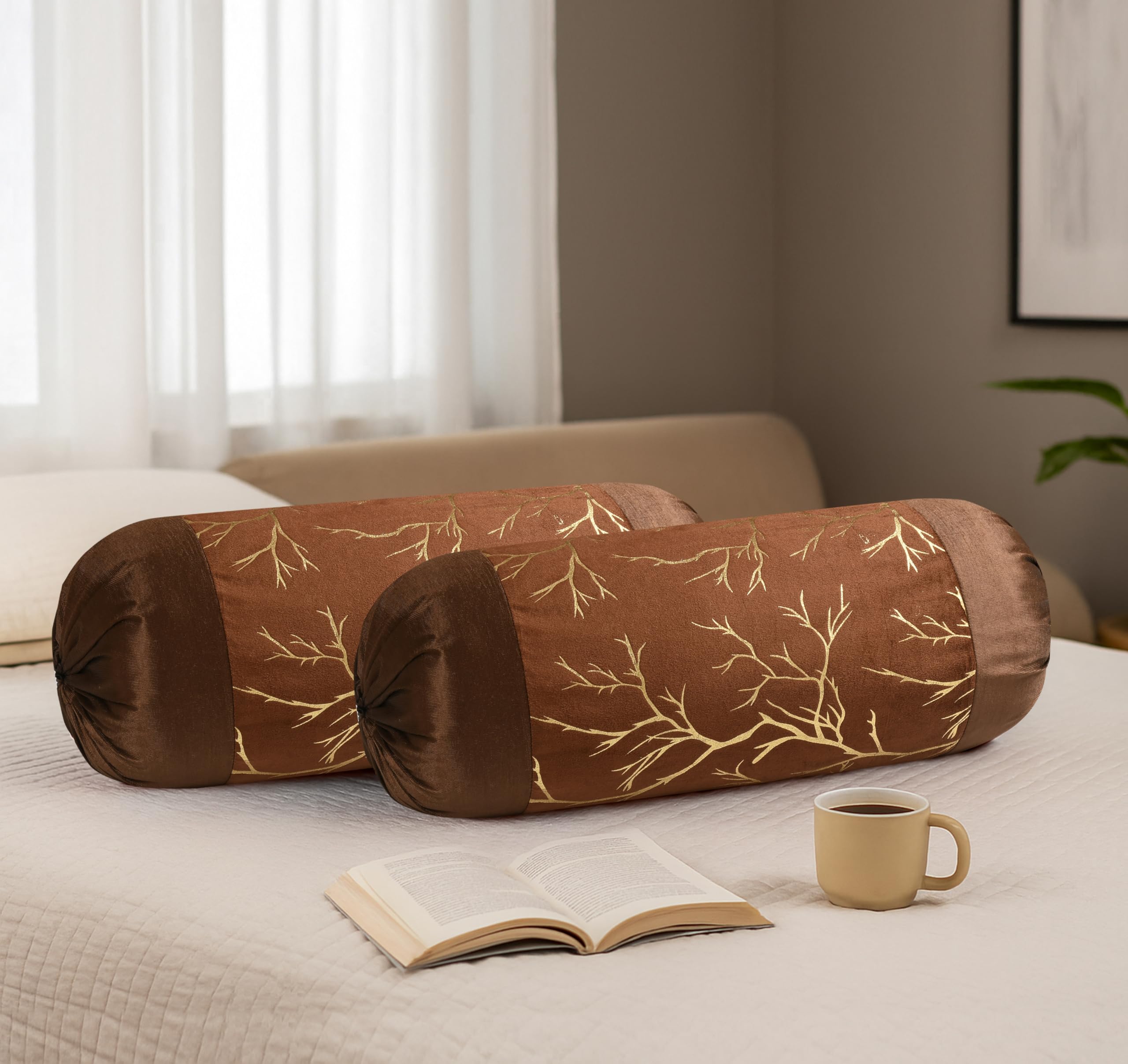 Stuffique Bolster Pillow Cover Set of 5, Round Cushion Cover - 16 x 32 inches, Brown