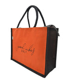 JUTEKA Unisex-adult Orange And Black,Quote Printed Jute Bag For Lunch, Office, Grocery, Picnic, Tiffin, Shopping Hand Bag With Padded Cotton Handles