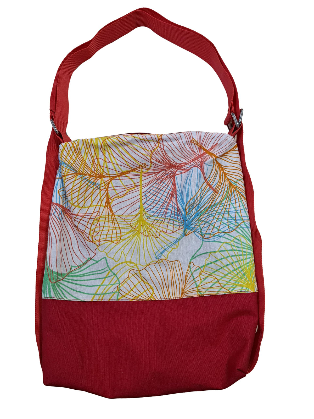 Fabjute Stylish Canvas Zipped Convertible 2in1 Shoulder Tote Handbag and Backpack with cotton lining, useful as a Travel, Shopping, Gym, Tuition Bag (RedHorizontalPattern)