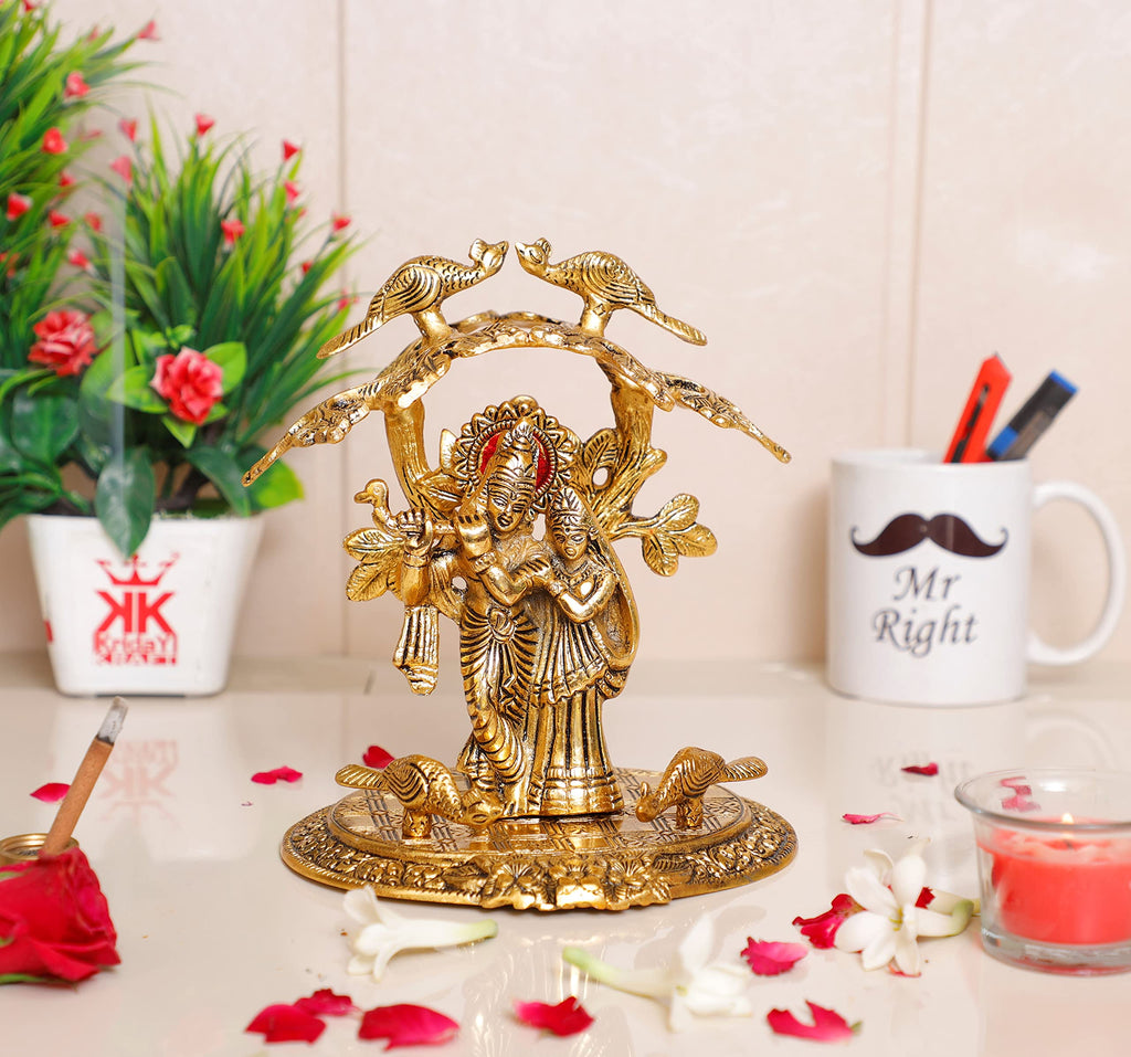 Prince Home Decor & Gifts Fabric Gold Oxidized Finish Radha Krishna Playing Flute Under Tree God Idols for Home Decor (Multicolour, Standard)