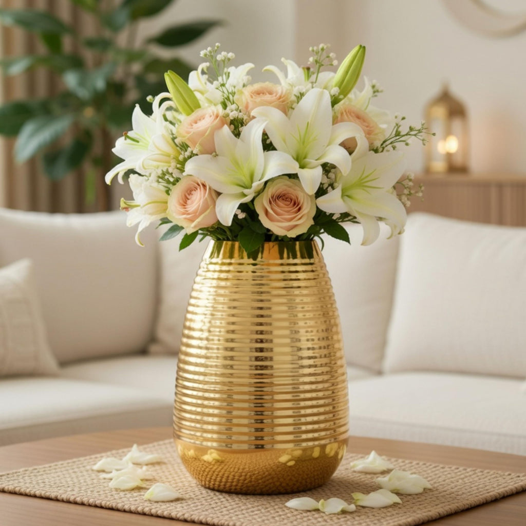 BEHOMA Oval Shape Metal Flower Vase for Home Decor (8.7 inches)