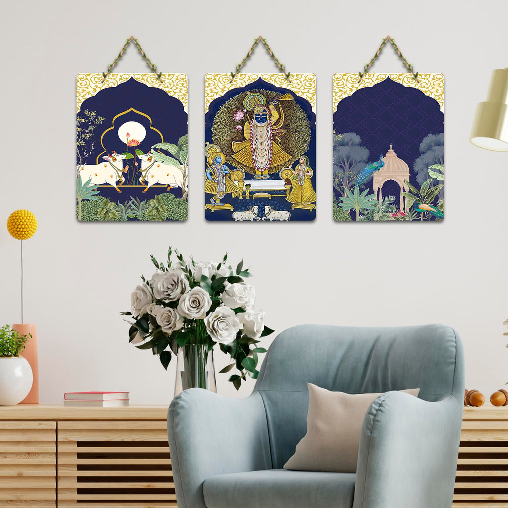 Artvibes Shreenathji & Sacred Cow Religious Art Wall Hanging Home Decorative Wall Art for Prosperity | Spiritual Decor | Wall Illustrations| Stylish Modern Decor Item | Gift Items (WH_9672N), Set of 3