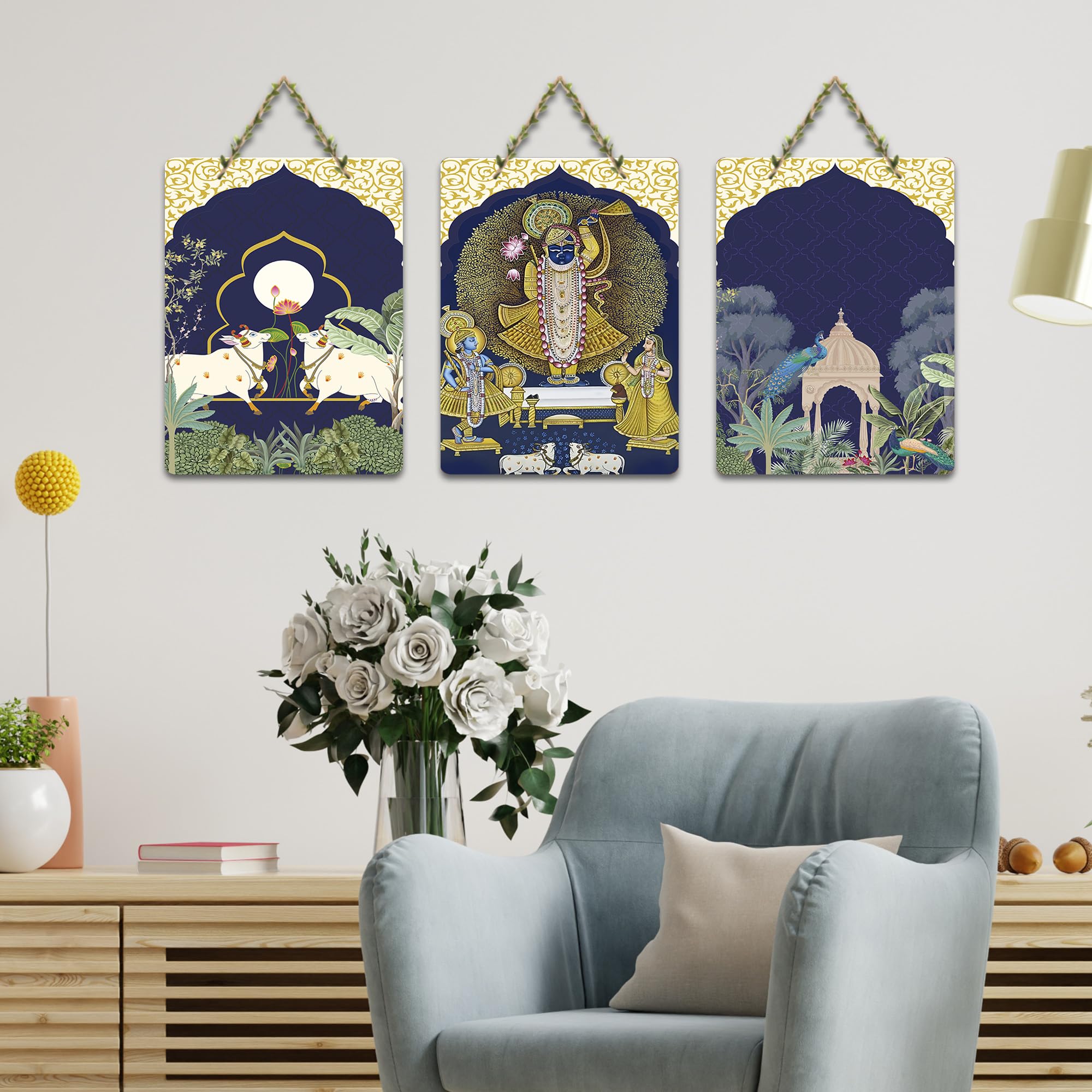 Artvibes Shreenathji & Sacred Cow Religious Art Wall Hanging Home Decorative Wall Art for Prosperity | Spiritual Decor | Wall Illustrations| Stylish Modern Decor Item | Gift Items (WH_9672N), Set of 3