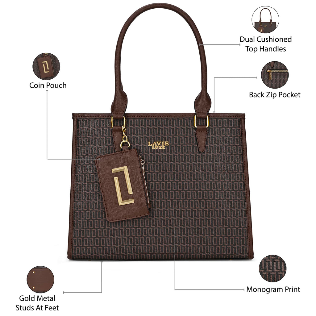 Lavie Luxe Women's Monogram Quad26 Large Tote Handbag | Tote Bag For Work | Ladies purse | Stylish Shoulder Bag | Gift For Women