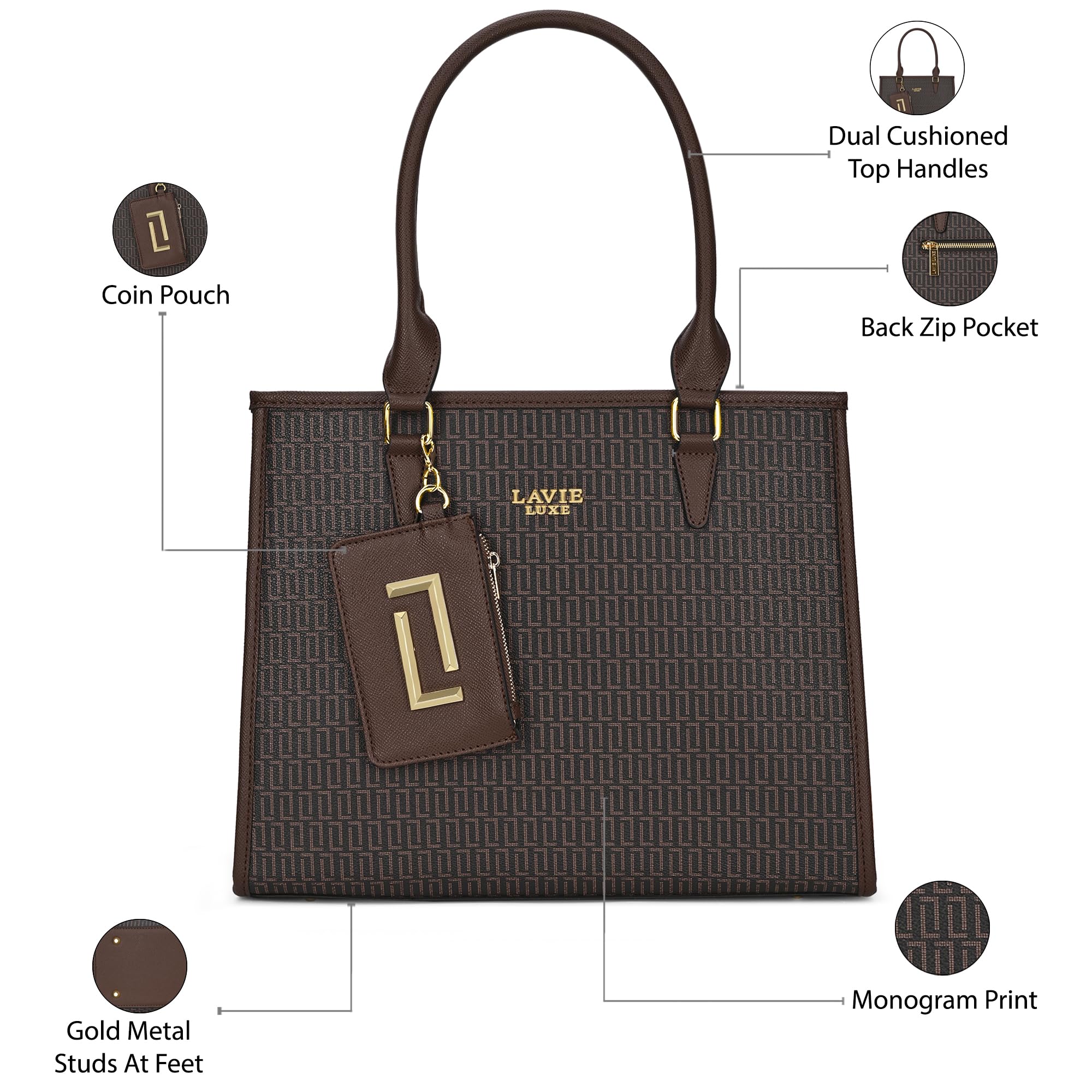 Lavie Luxe Women's Monogram Quad26 Large Tote Handbag | Tote Bag For Work | Ladies purse | Stylish Shoulder Bag | Gift For Women