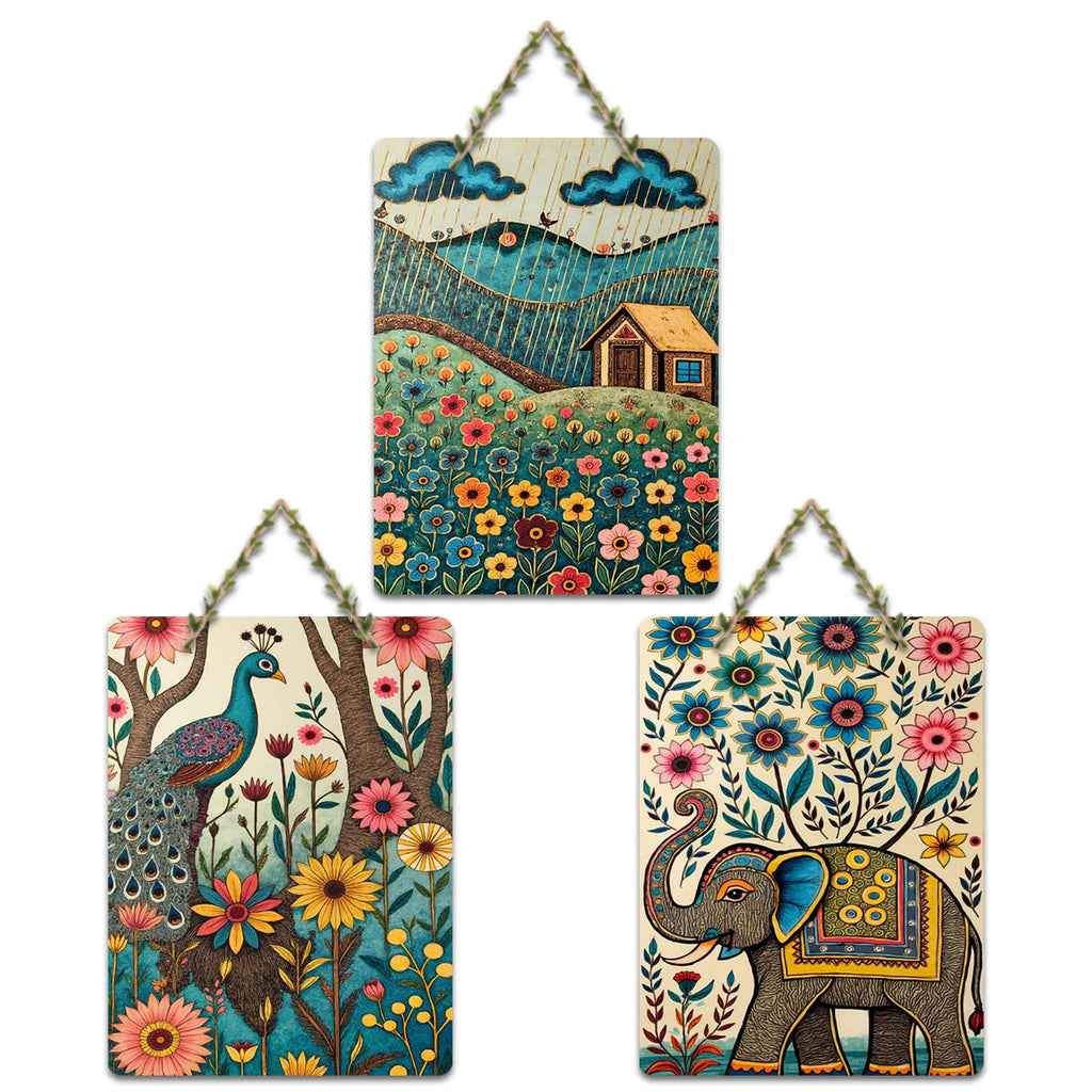 Artvibes Nature Theme Wooden Wall Hanger for Home Decor | Modern Decoration Items | Living Room | Bedroom | Office | Art Print | Wall Illustrations | Handcrafted Art | Gift Items (WH_96124N), Set of 3