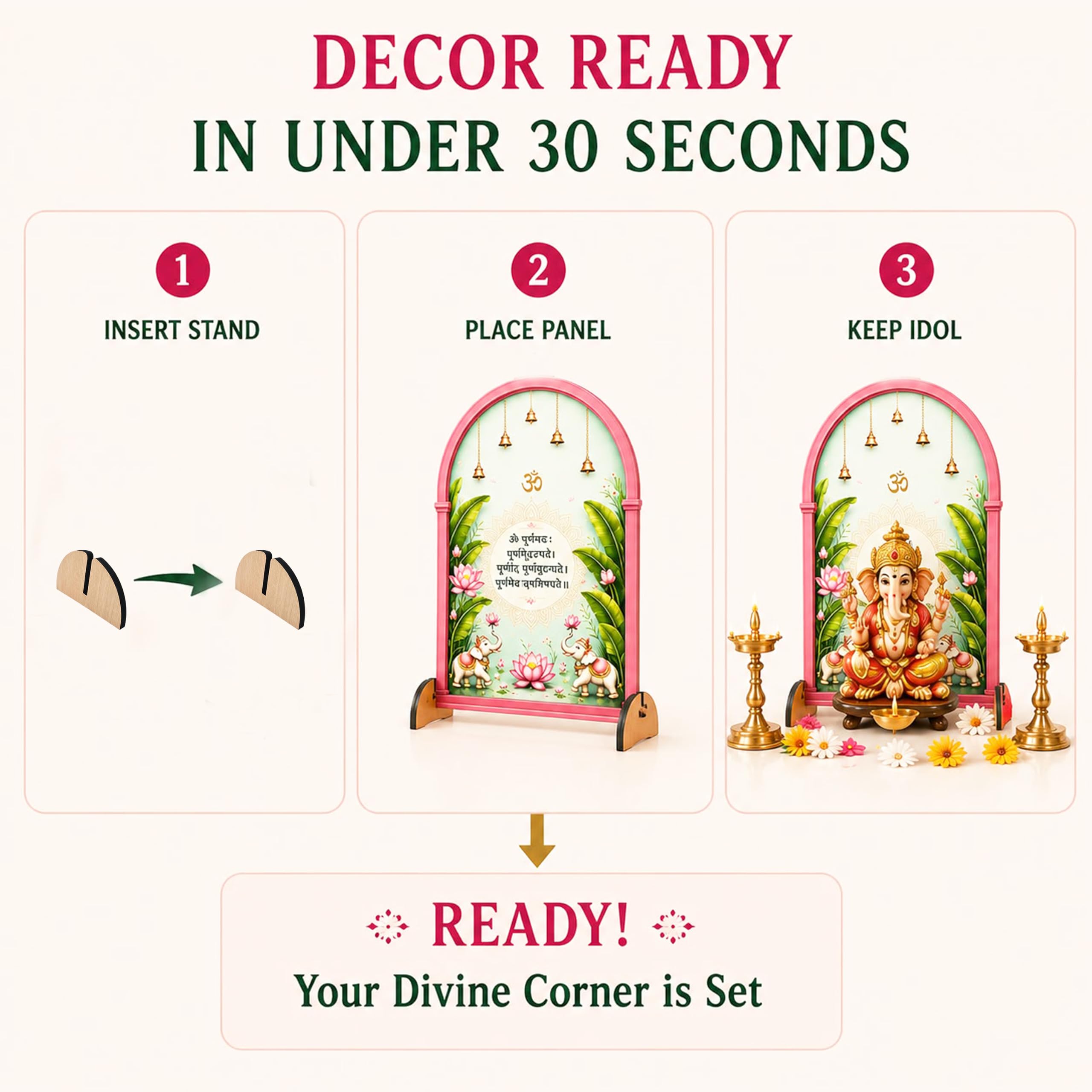 Ganpati Decoration Setup for Home, 1 Piece Freestanding Ganesh Festival Backdrop for Idol, Easy DIY Pooja Mandap Decor, Suitable for up to 12 Inches Ganpati Backdrop Stand & Home Temple