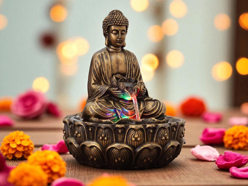 KridayKraft Meditating Buddha Water Fountain Idol Polyresin Lotus Water Fountain Showpiece for Home Garden Living Room Decor Decoration Gift Items,