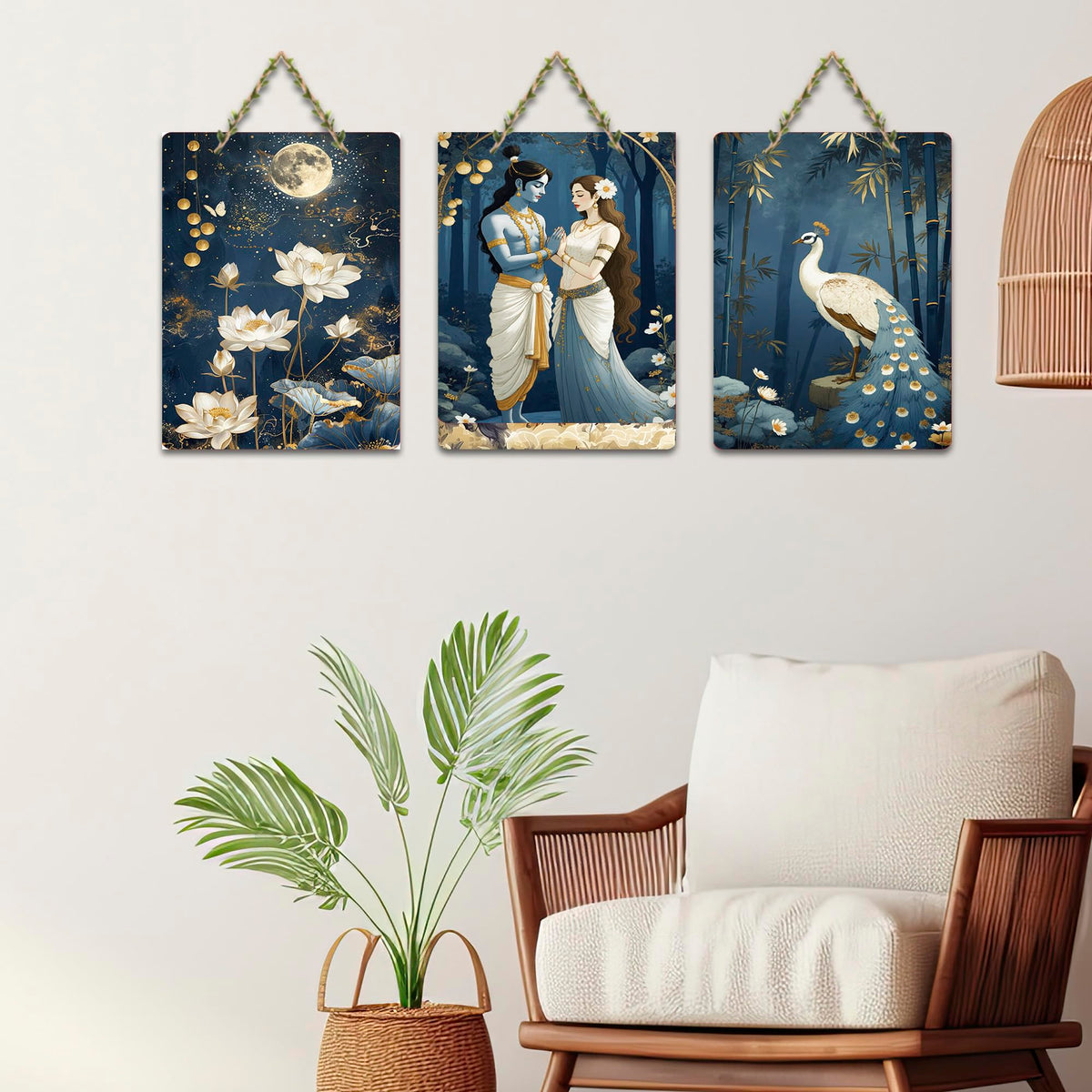 Artvibes Divine Radha Krishna With Lotus And Peacock Wall Art Wall And Door Hanging for Home | Spiritual Decor Items | Wall Poster | Artwork | Painting | Gift Items (WH_9629N), Set of 3