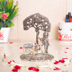 KridayKraft Silver Plated Kamdhenu Cow with Krishna Standing Under Tree Plying Flute Metal Statue,Krishna Murti Idol for Pooja & Decor Your Home,Office,Showpiece