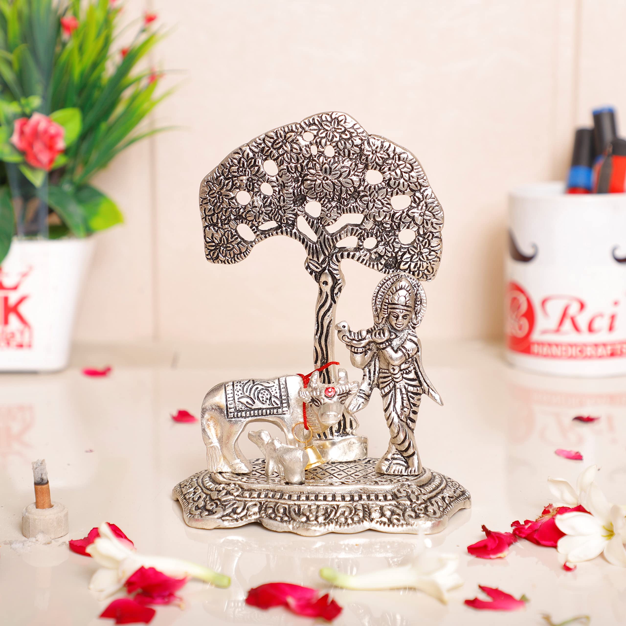 KridayKraft Silver Plated Kamdhenu Cow with Krishna Standing Under Tree Plying Flute Metal Statue,Krishna Murti Idol for Pooja & Decor Your Home,Office,Showpiece