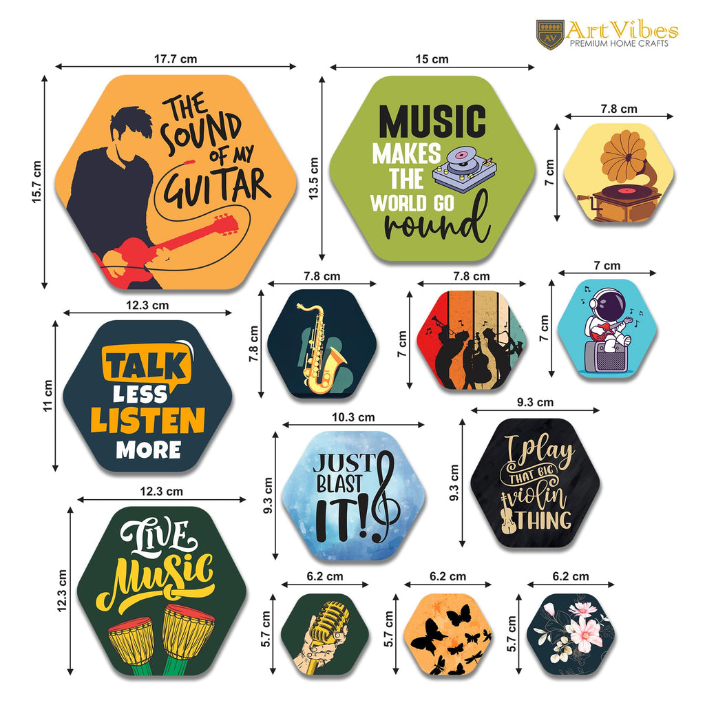 Artvibes Music Quotes Hexagon Shape MDF Wooden Wall Decor Items for Living Room | Cafe | Quotes Decor Item | Wall Accent | Modern Artwork | Aesthetic Wall Hanging | Gift Items (WPS_229N), Set of 13