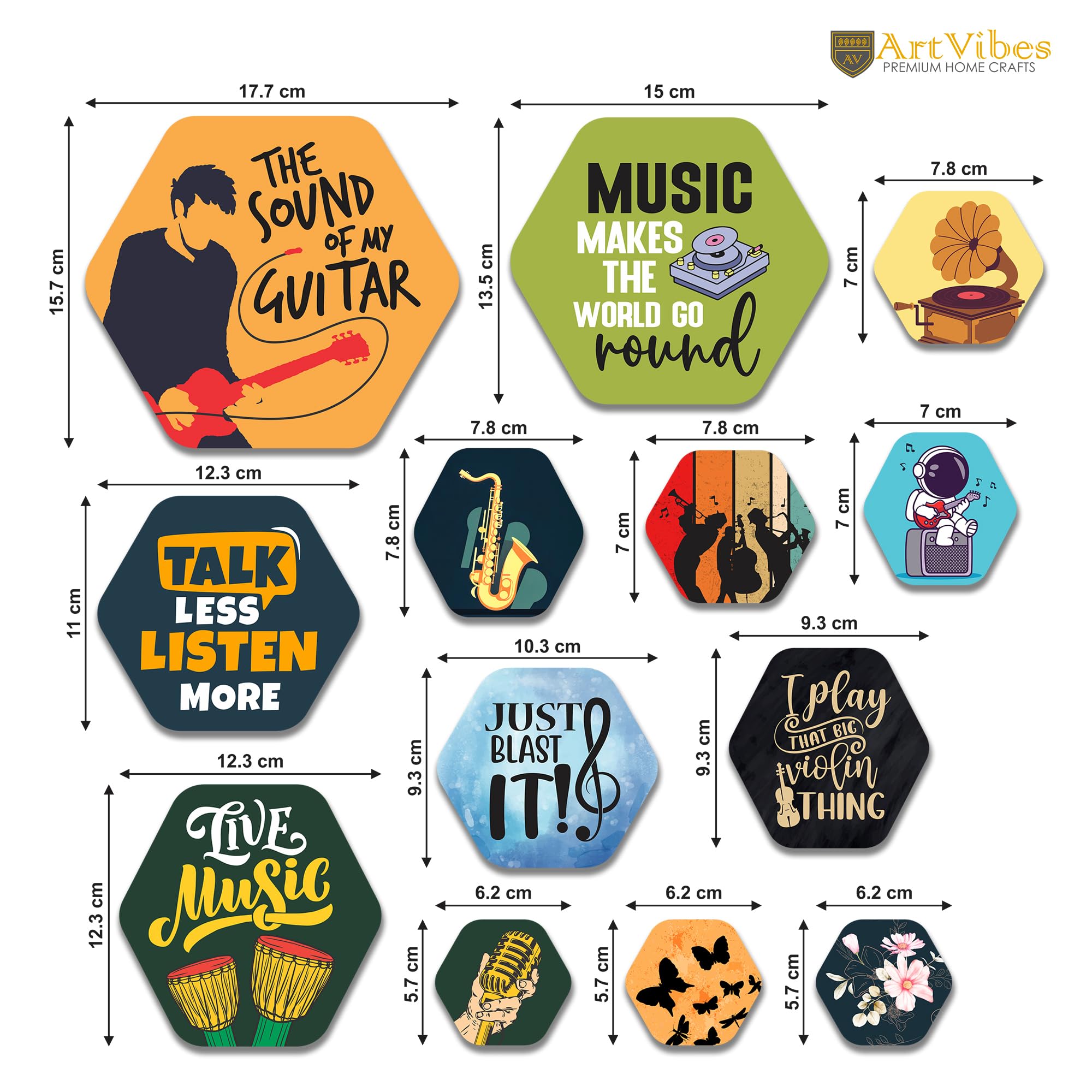 Artvibes Music Quotes Hexagon Shape MDF Wooden Wall Decor Items for Living Room | Cafe | Quotes Decor Item | Wall Accent | Modern Artwork | Aesthetic Wall Hanging | Gift Items (WPS_229N), Set of 13