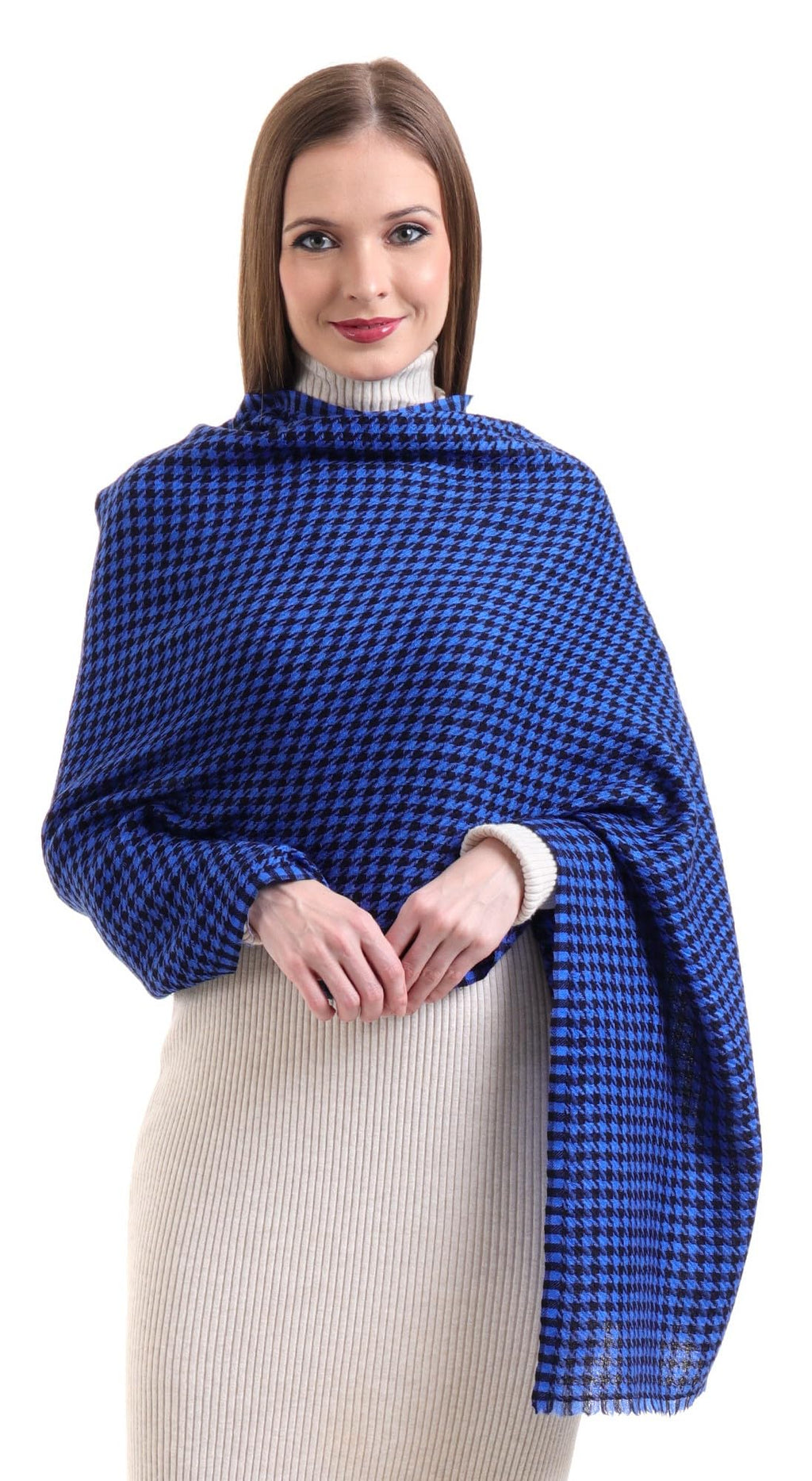 EH 100% Pure Cashmere scarf, stole Houndstooth, warm large buttery soft Pashmina (COBALT BLUE & BLACK)