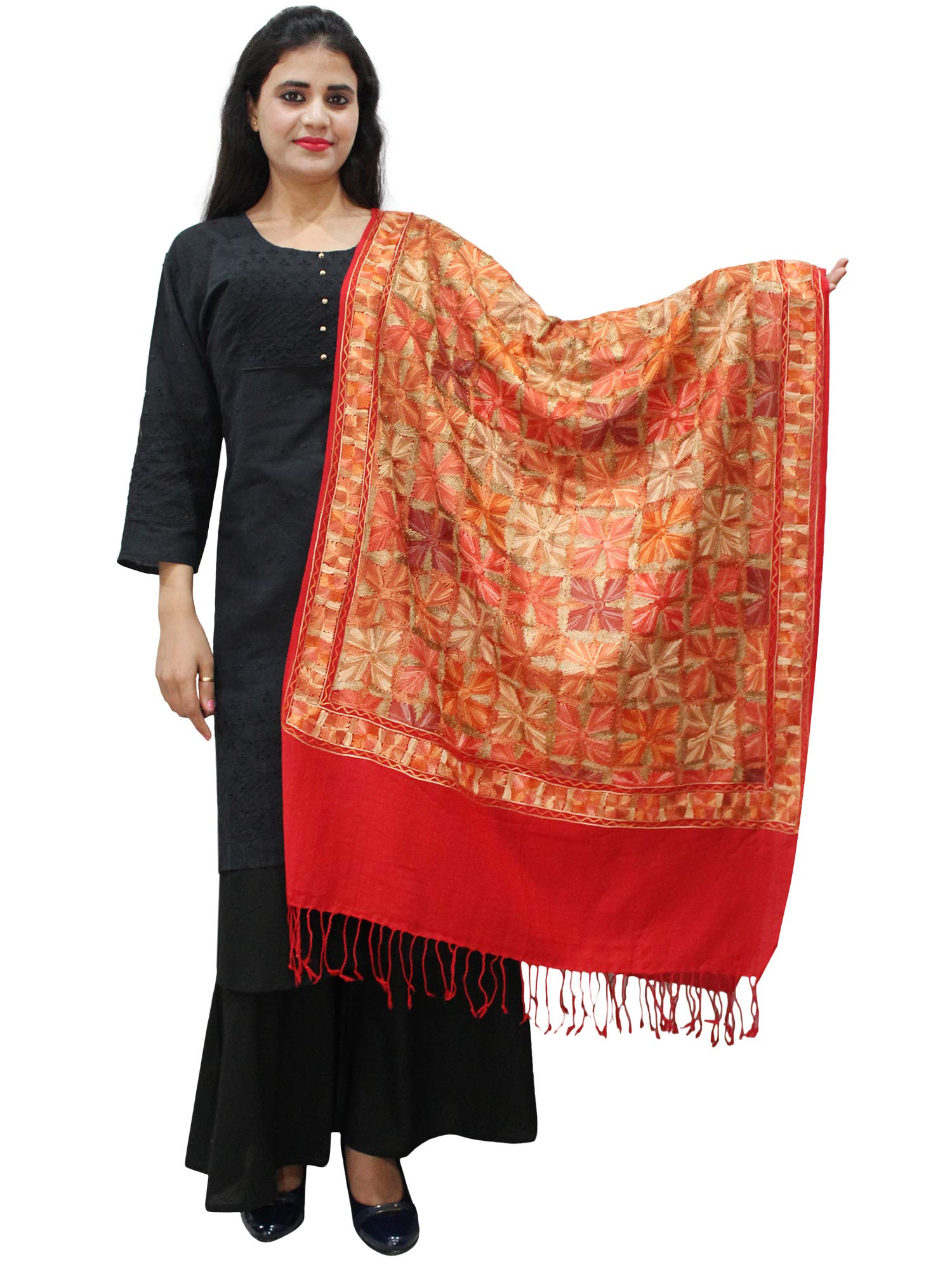 Matelco Women Pashmina Wool Emroidered Shawl Stole -28 x70 inches (Phulkari, Red)