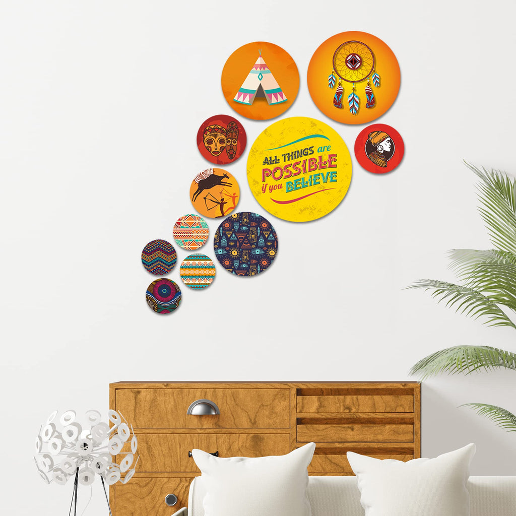 Artvibes Nature Round Shape MDF Wooden Wall Decor Items | Art For Wall | Door Decoration Items | Paintings For Wall | Wall Illustrations | Handcrafted Art | Unique Gift Items (WPS_104N), Set of 11