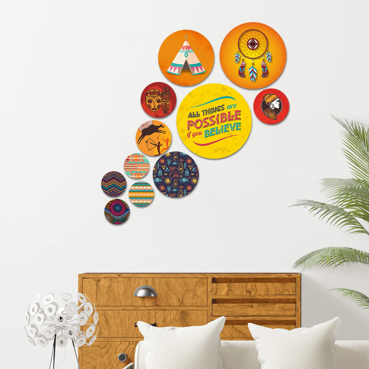 Artvibes Nature Round Shape MDF Wooden Wall Decor Items | Art For Wall | Door Decoration Items | Paintings For Wall | Wall Illustrations | Handcrafted Art | Unique Gift Items (WPS_104N), Set of 11