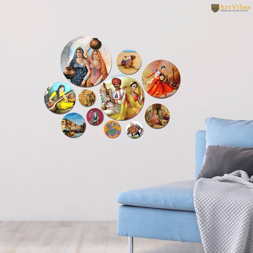 Artvibes Girl Playing Sitar Indian Village Folk Art Round Shape MDF Wooden Wall Decor Items for Home | Art For Wall | Modern Decor Artwork | Wall Art Print | Unique Gift Items (WPS_132N), Set of 11