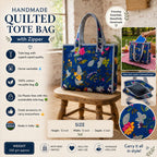 THREADORA LIVING Handmade Quilted Small Tote Bag With Zipper – 100% Cotton Floral Print Lunch Bag| Reusable Eco-Friendly Tote for Office, Travel, Shopping, Picnic & Gifting Handbag