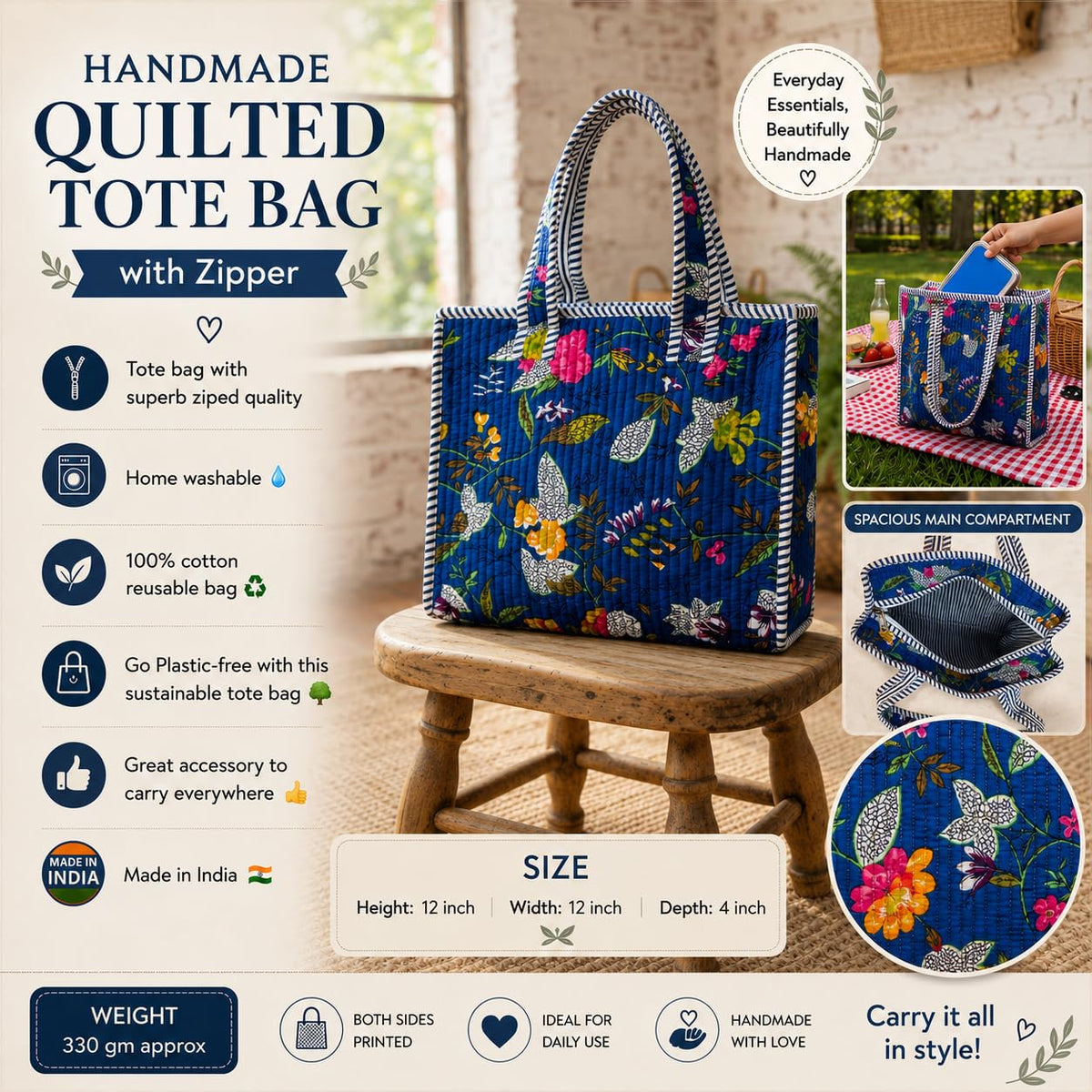 THREADORA LIVING Handmade Quilted Small Tote Bag With Zipper – 100% Cotton Floral Print Lunch Bag| Reusable Eco-Friendly Tote for Office, Travel, Shopping, Picnic & Gifting Handbag