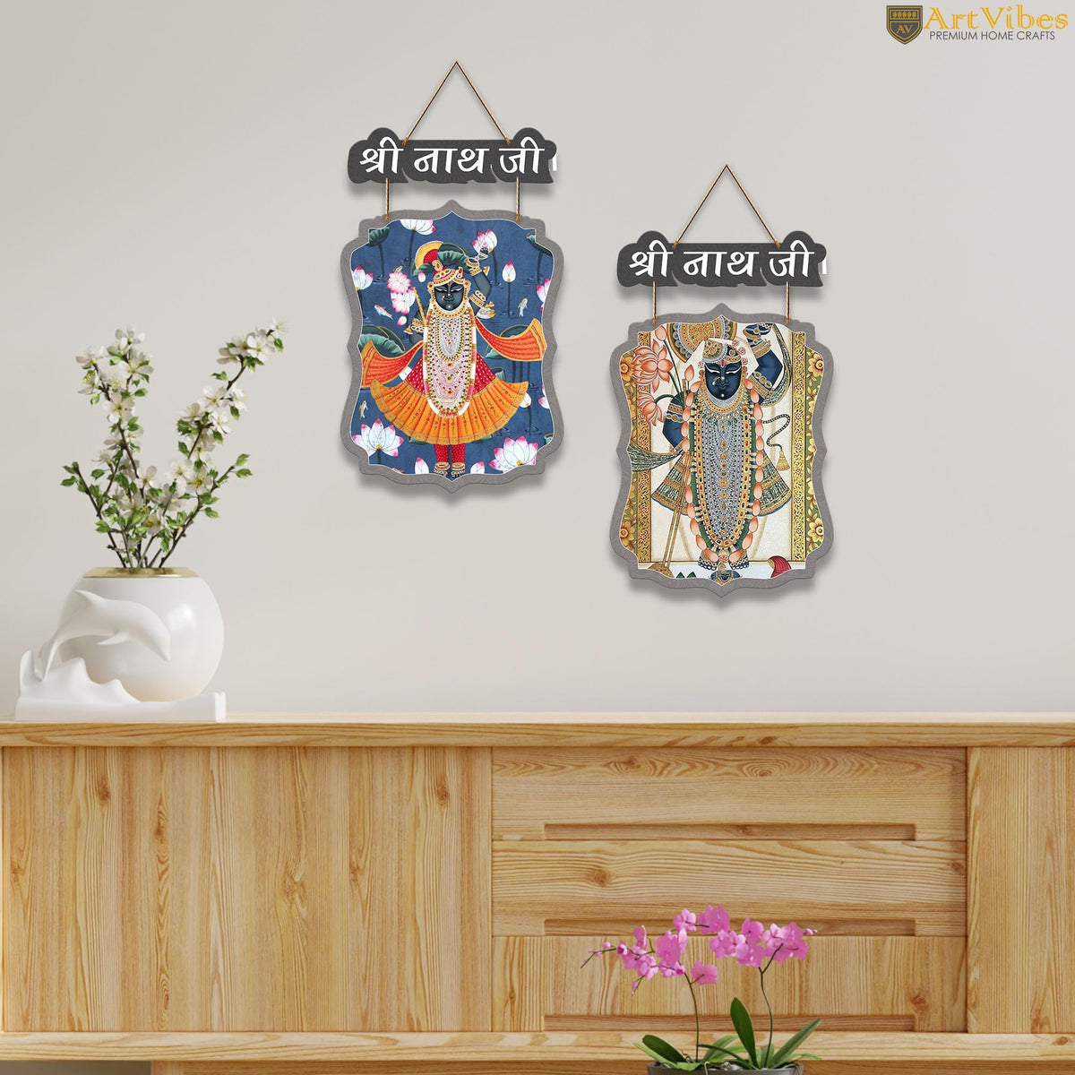 Artvibes Shri Nathji Pichwai Art Wall Hanging Home Decorative Wall Art for Living room | Religious Decor Items | Wall Poster | Graphic Art| Stylish Modern Decor Item | Gift Items (WH_9721N), Set of 2