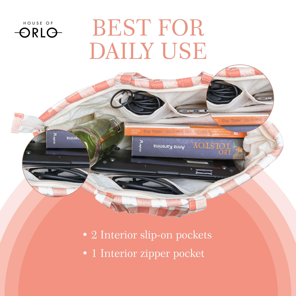 HOUSE OF ORLO: Pinteresty QUILTED 100% Cotton Checked Tote Bags with Zipper for Women - For College, Travel, Work and Daily Use -Small, Terracotta