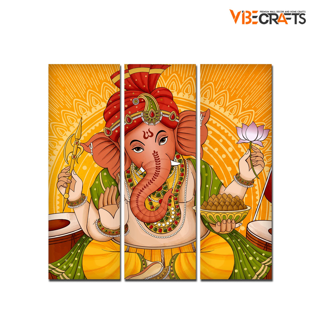 VIBECRAFTS 3 Pieces Shree Ganesh Ji Canvas Wall Painting Fitted With Wooden Frame For Home | Office | Living Room | Gifts (PTVC3Pcs1_9559)