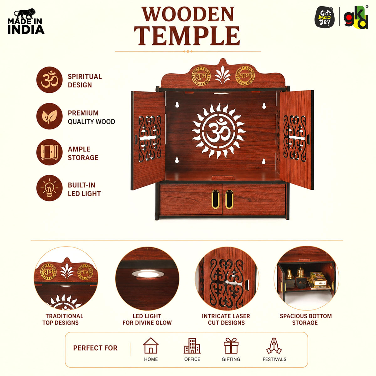 Gift Kya De Wooden DIY Pooja Temple for Home with Door | Pooja mandir with Door Wall Mounted Temple with LED Light | Home Mandir for Puja Room, Living Room & Office | 16 x 14 x 9 Inch