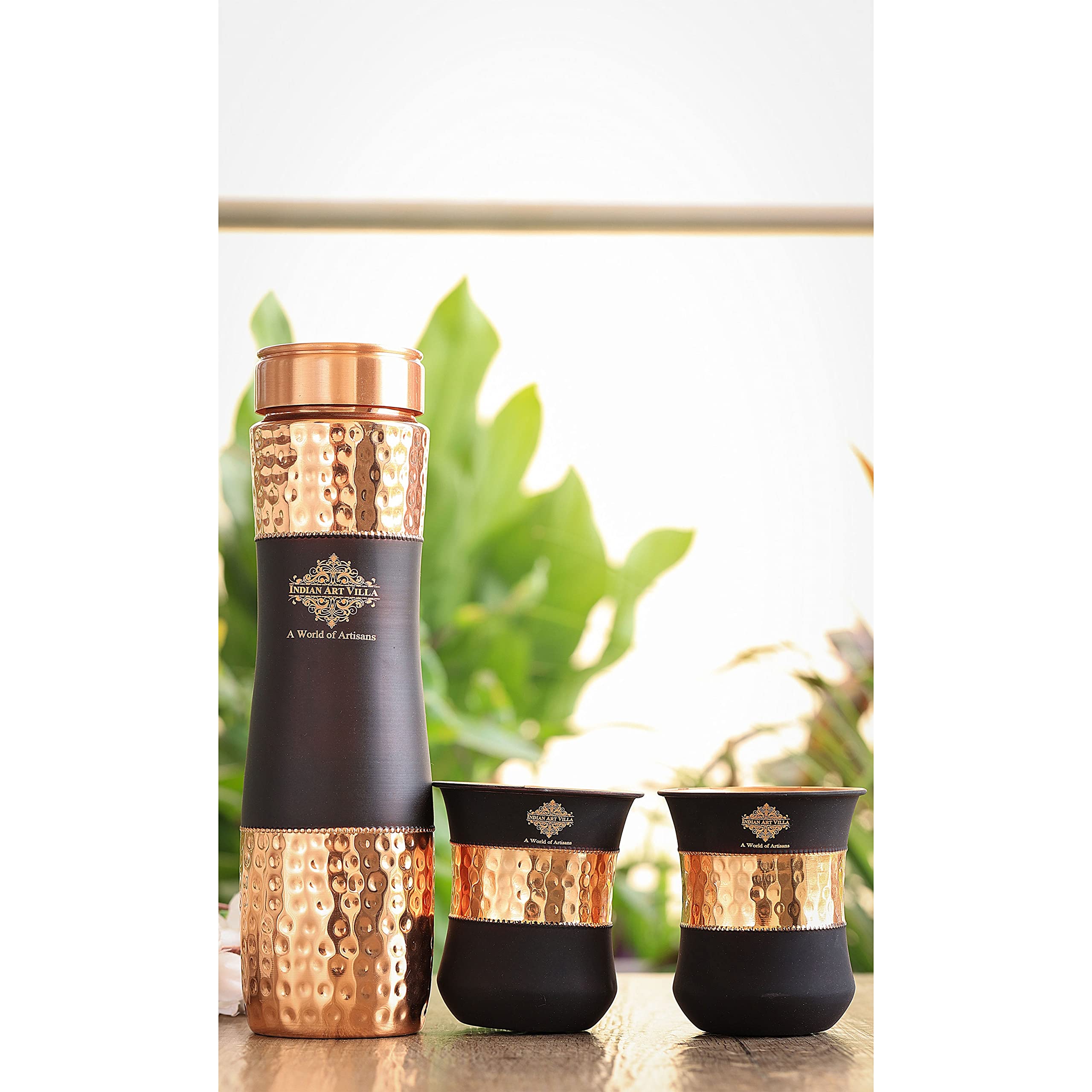 INDIAN ART VILLA Copper Drinkware Black Silk Finish, Set of 2 Glass and 1 Bottle, Volume - Glass 300 ML, Bottle 1000 ML