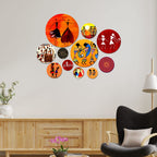 Artvibes Indian Traditional Warli Tribal Folk Dance Art Round Shape MDF Wooden Wall Decor Items for Home | Art For Wall | Modern Decor Artwork | Wall Illustrations | Gift Items (WPS_126N), Set of 11