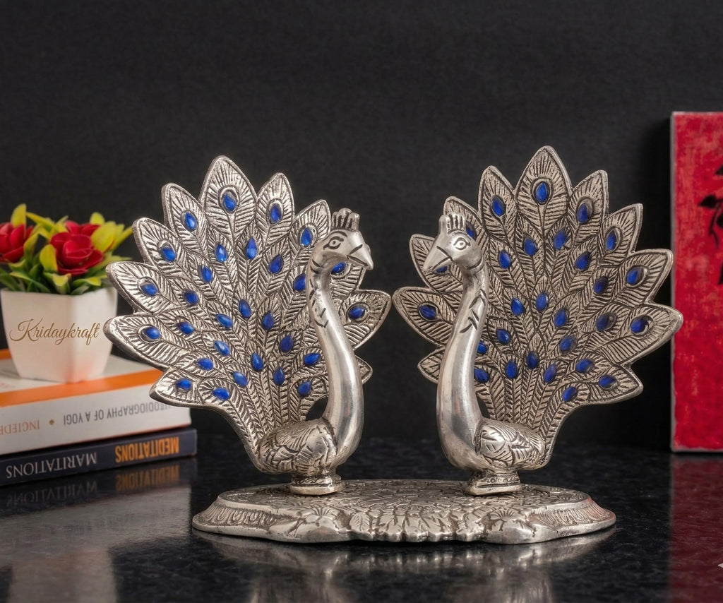 KridayKraft Double Peacock Metal Statue, Lovers Peacock Couple, Animal Showpiece Figurines, Feng Shui as Table Top Figurine for Living Room, Office, Bedroom, Decorative (Silver)
