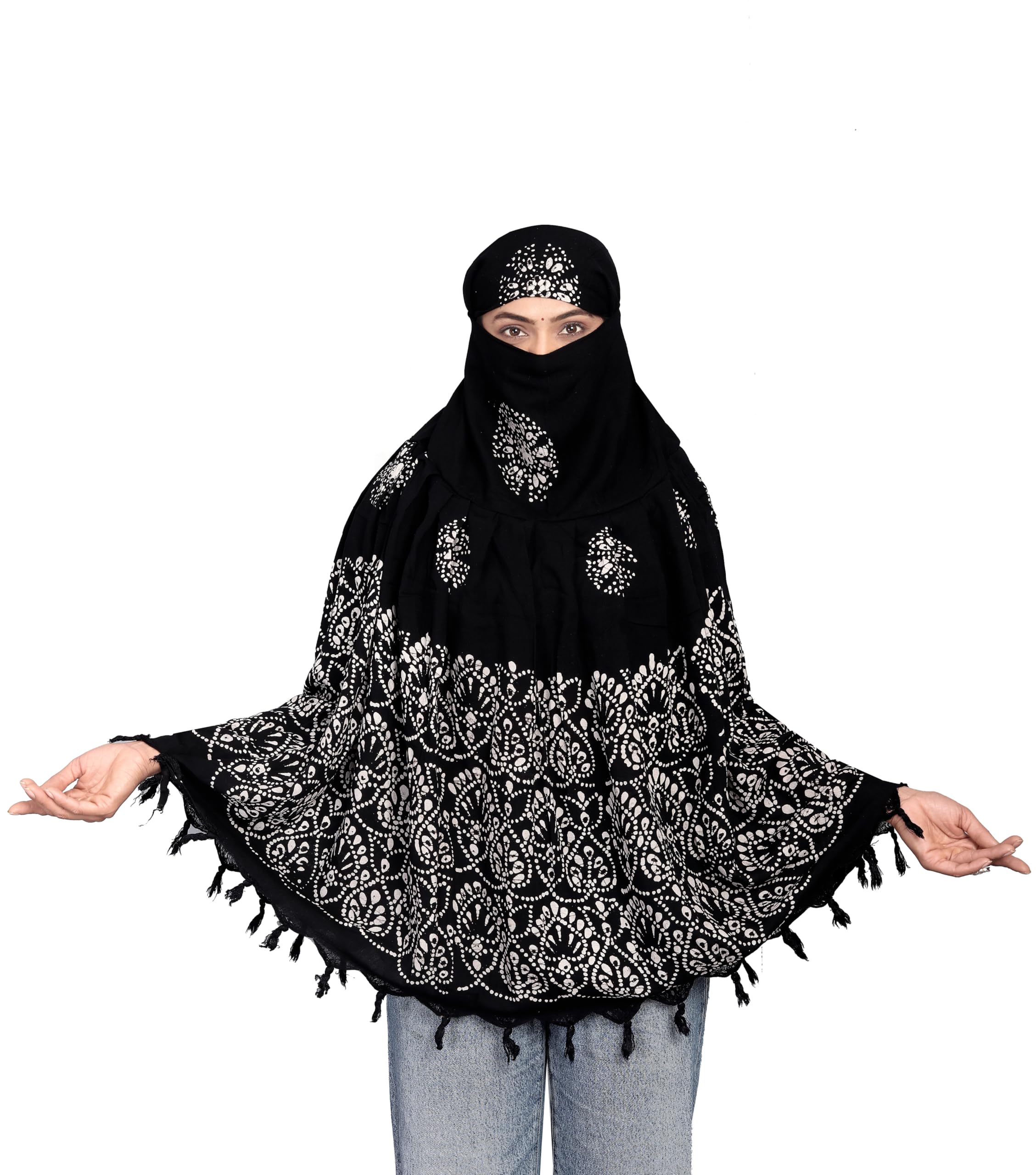 HETVIN Cotton Long Scarf Cum Mask Scarves Usable for Vehicle Driver | White Printed Design Fabric | Universal Size | Soft & Breathable Sun Protection | For Girl & Women (Wax Batik - Black)