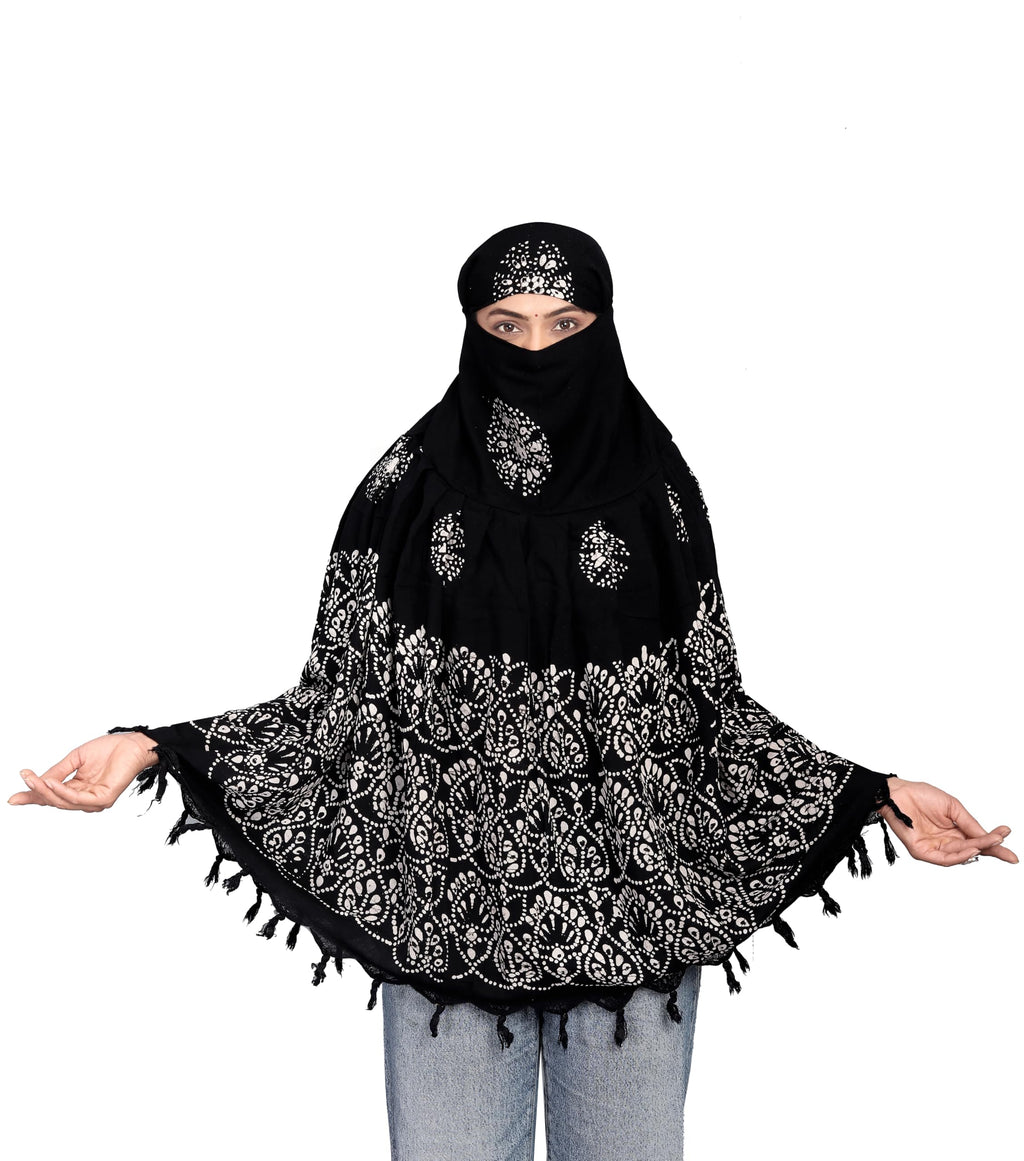 Vinsh Enterprise Cotton Long Scarf Cum Mask Scarves Usable for Vehicle Driver | White Printed Design | Universal Size | For Girl & Women | Soft & Breathable Sun Protection (Wex Batik - Black)