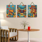 Artvibes Elephant In Bloom Birdhouse Waterfall Home Art For Wooden Art Decoration Item for Home | Garden Balcony | Door Decoration Item | Graphic Artwork | Wall Poster | Gift Item (WH_9634N), Set of 3