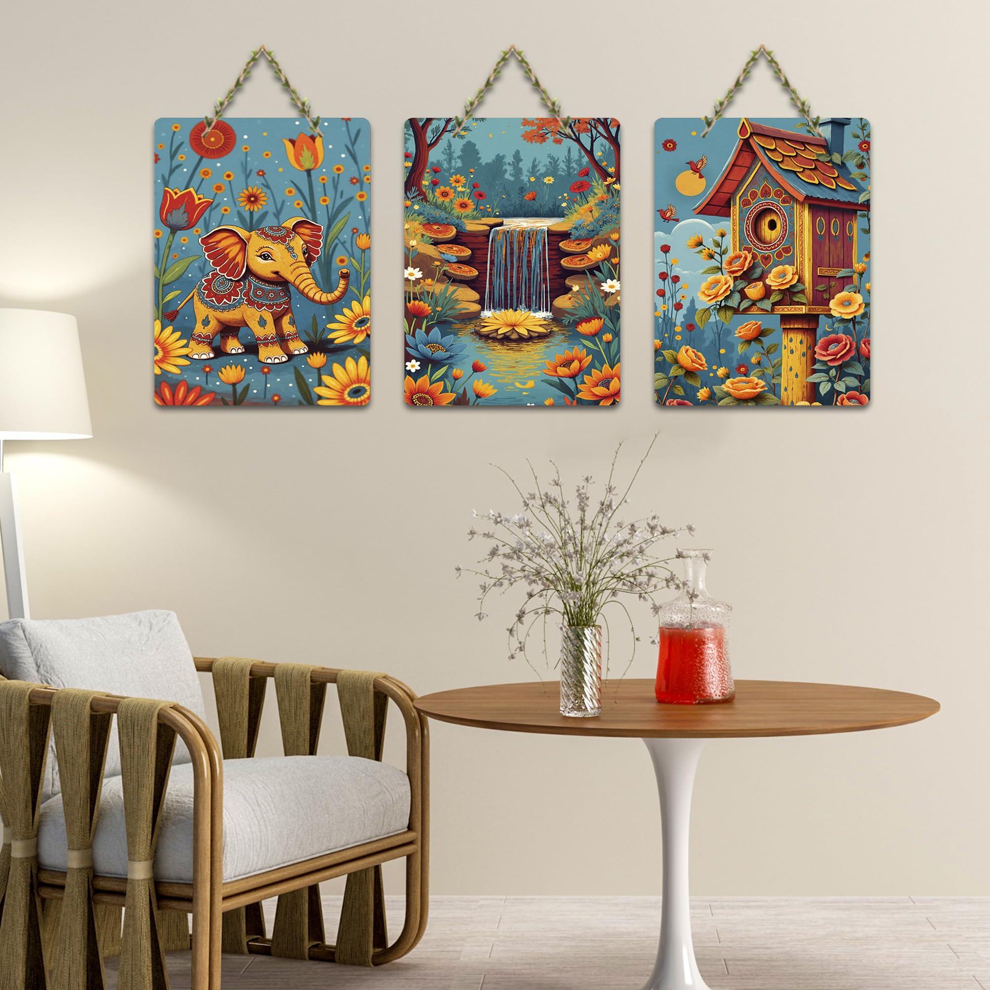 Artvibes Elephant In Bloom Birdhouse Waterfall Home Art For Wooden Art Decoration Item for Home | Garden Balcony | Door Decoration Item | Graphic Artwork | Wall Poster | Gift Item (WH_9634N), Set of 3