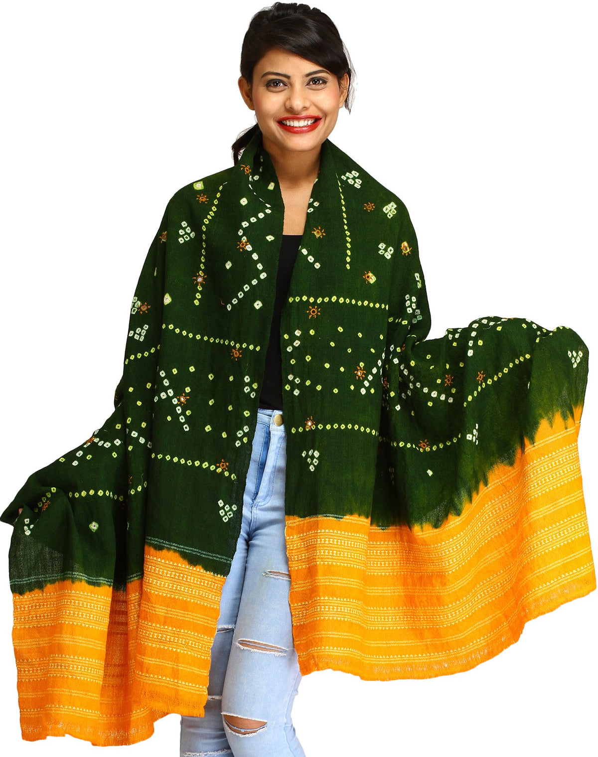 Exotic India Women's Shawl (SWG08-green-and-apricot_Multi_FS)